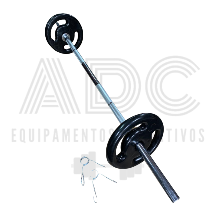 KIT: 10kg anilhas emborrachadas + 1 barra cromada pegada recartilhada 1.20m com grampos - ADC