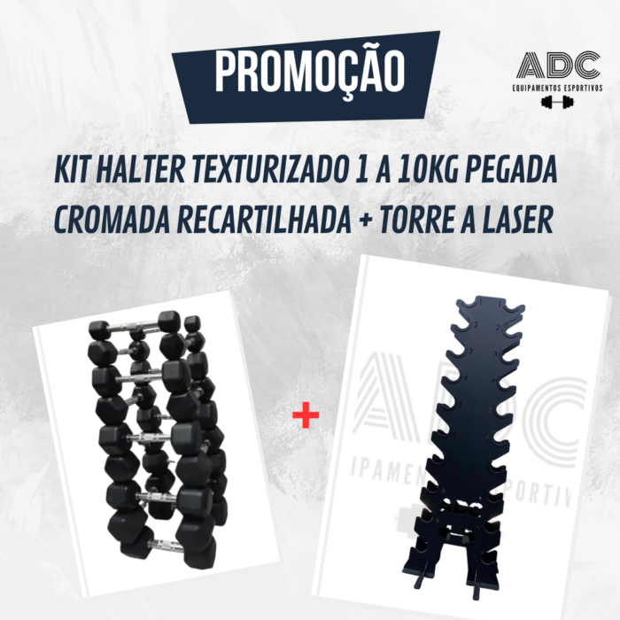 KIT: Halter texturizado pegada cromada recartilhada 1kg a 10kg + Torre - ADC