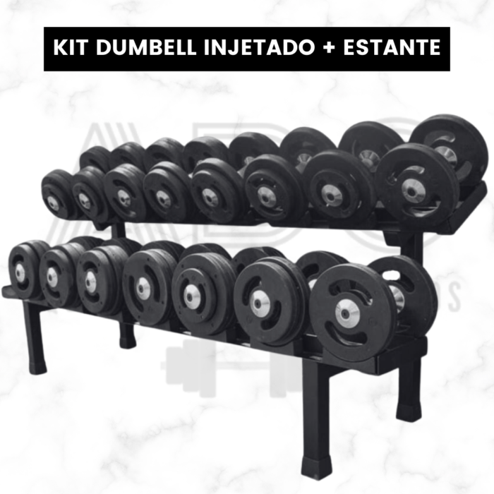 KIT: Dumbell Injetado com pegada de alumínio recartilhada 12kg a 30kg + Suporte - ADC